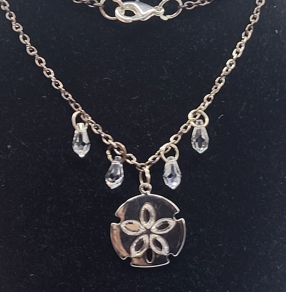 Vintage Silvertone Sand Dollar Pendant Necklace Clear Crystal Dangle Drops Beach